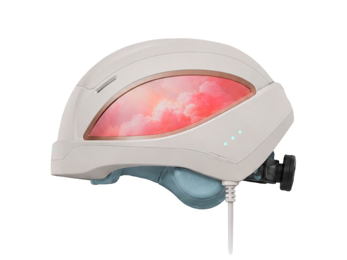 Left side view of Wakelife T01 655nm VCSEL hair growth helmet with illuminated light section