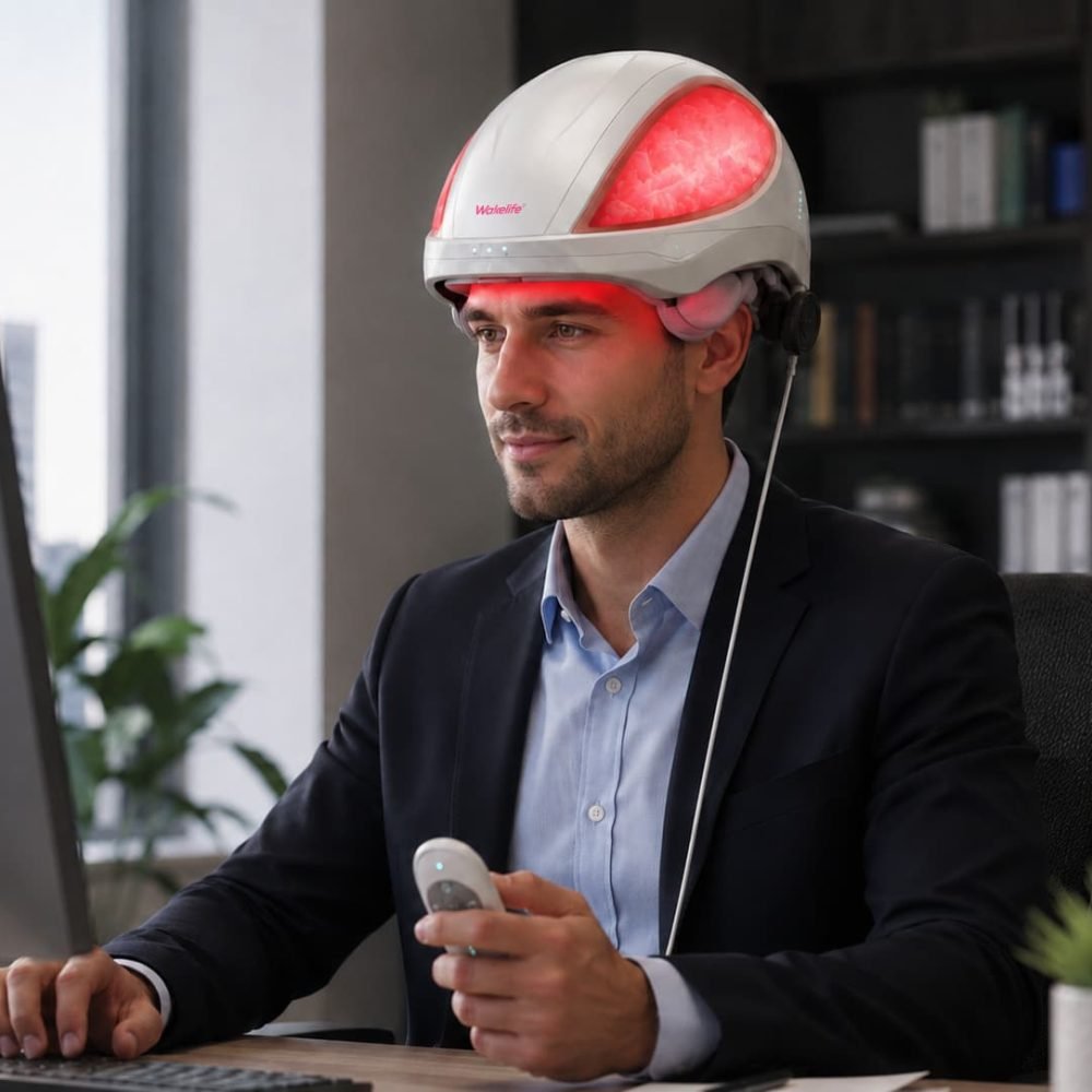 Man wearing Wakelife T01 VCSEL hair growth helmet during an office scalp care routine